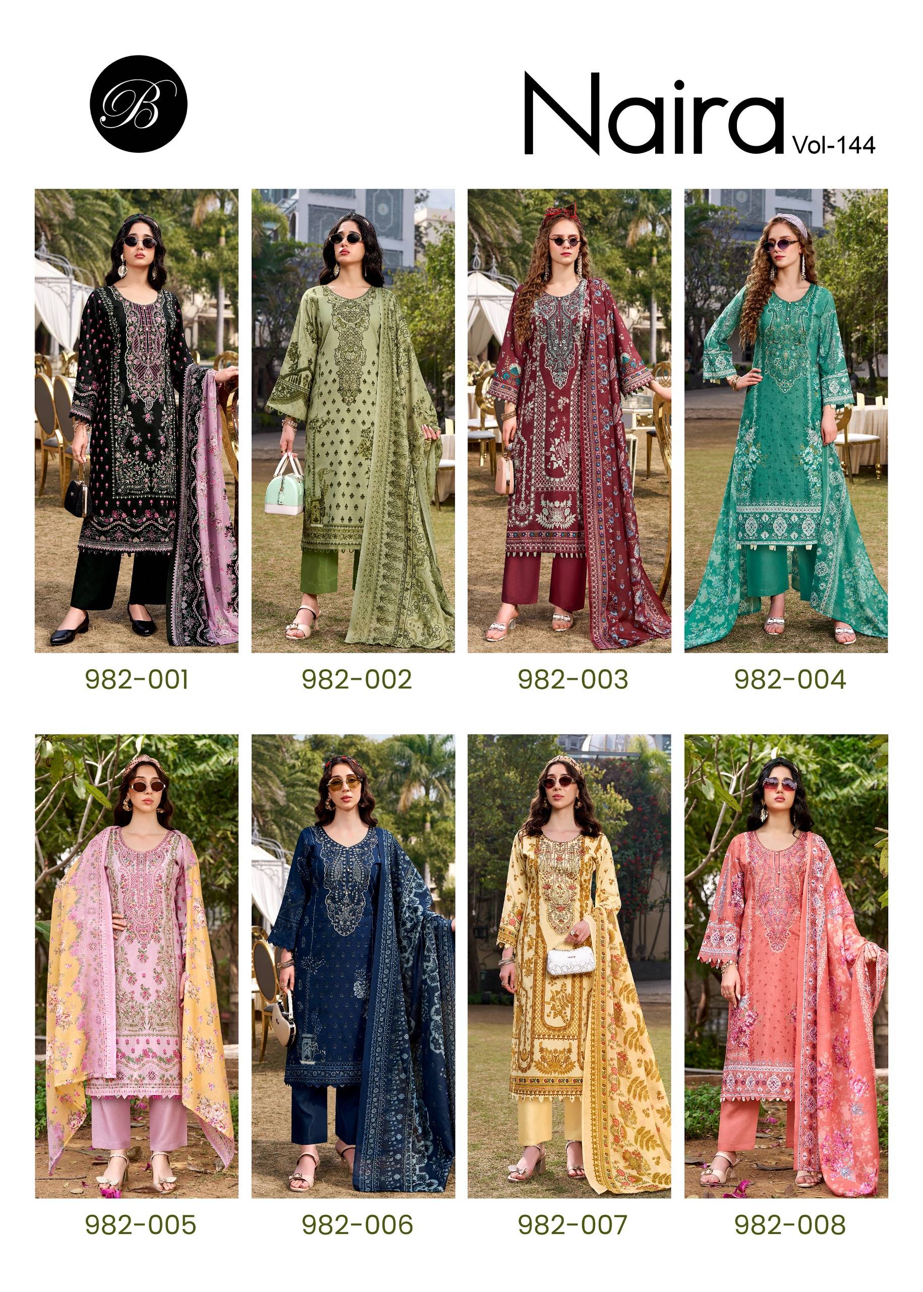 NAIRA VOL-144 BY BelliZa 982-001 TO 982-008 SERIES Pakistani Stylish Embroidered Pure Cotton Dresses At Wholesale Price